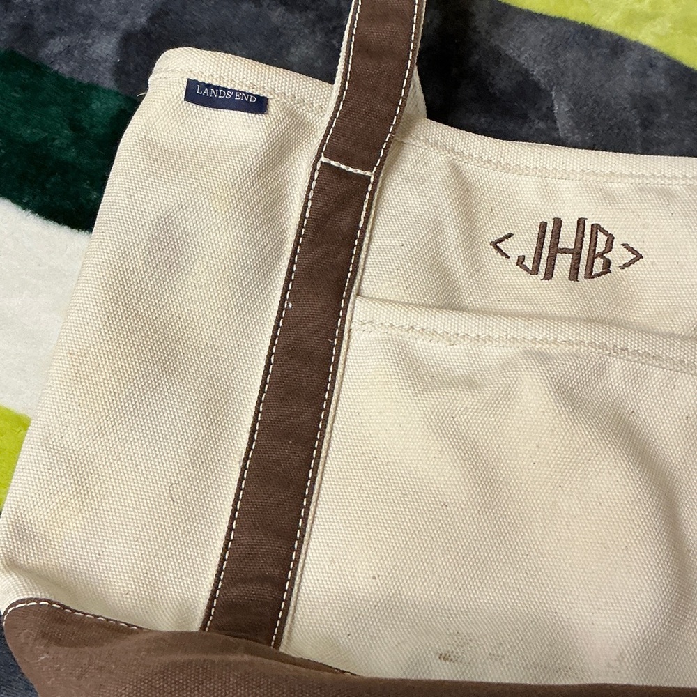 Lands' End Cream and Brown Canvas Duffel Tote - Picture 11 of 13